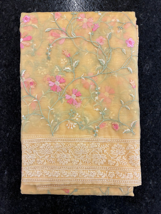 Organza Floral rich embroidery Saree - Pastel Yellow