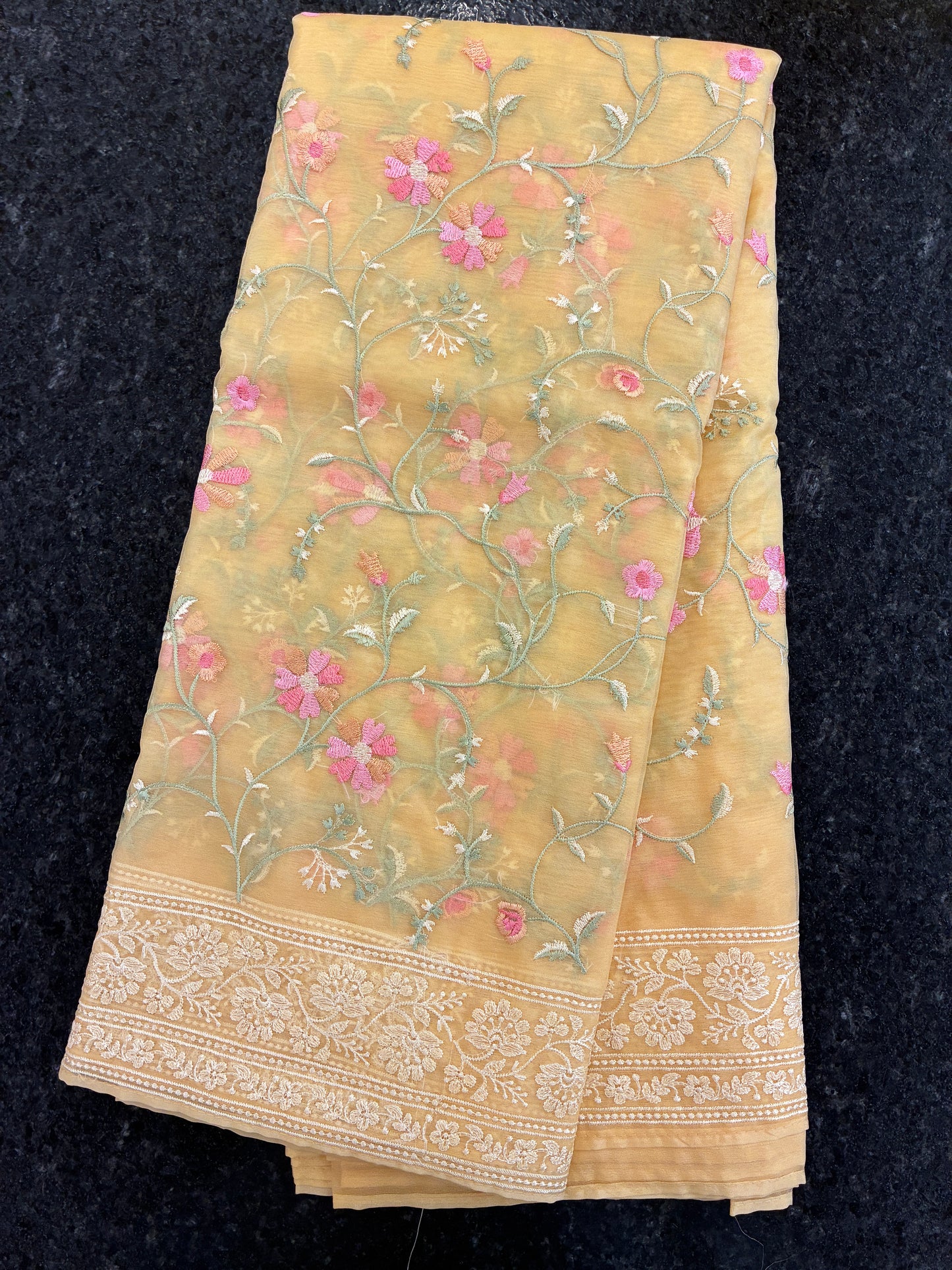 Organza Floral rich embroidery Saree - Pastel Yellow