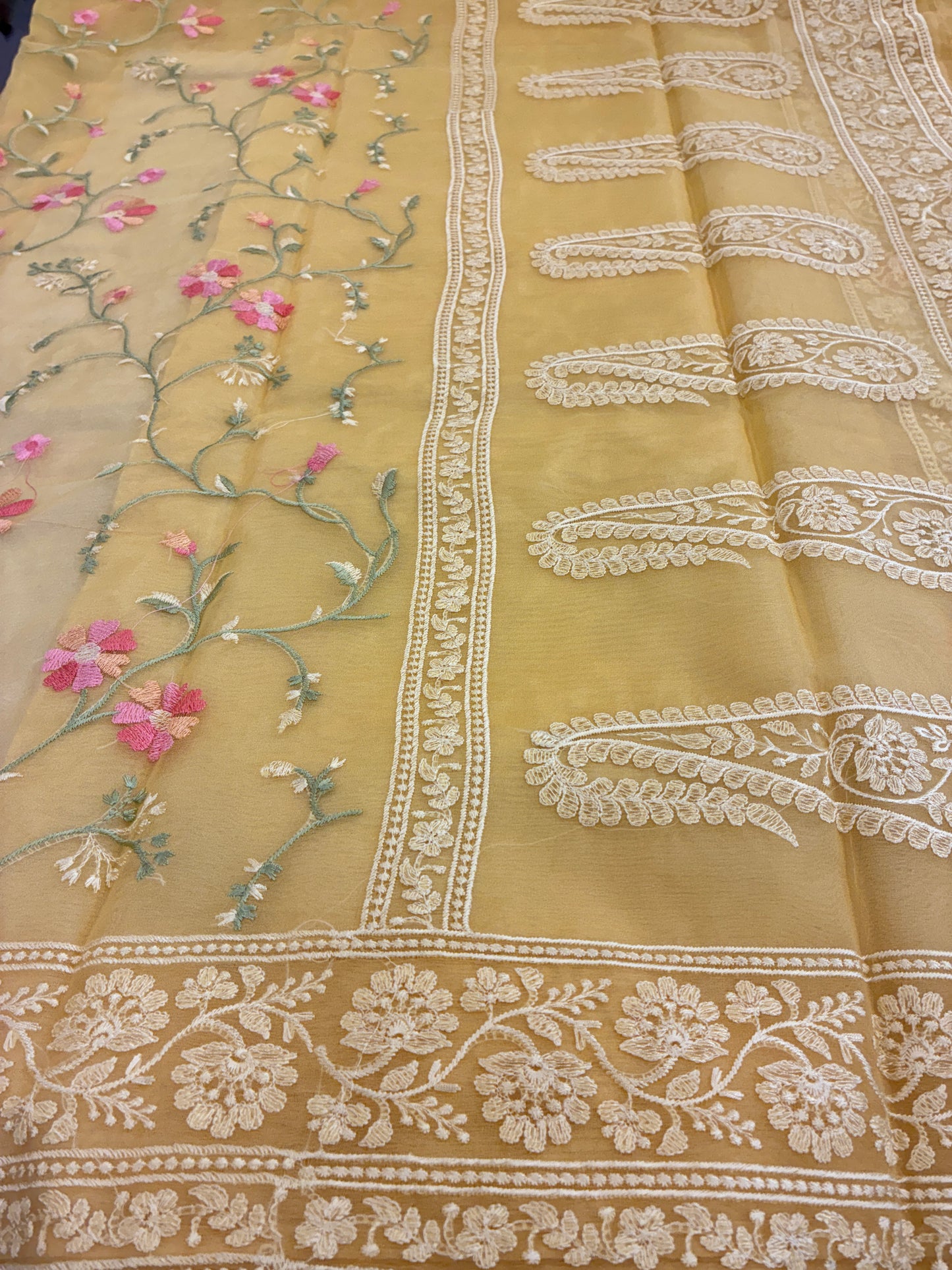 Organza Floral rich embroidery Saree - Pastel Yellow