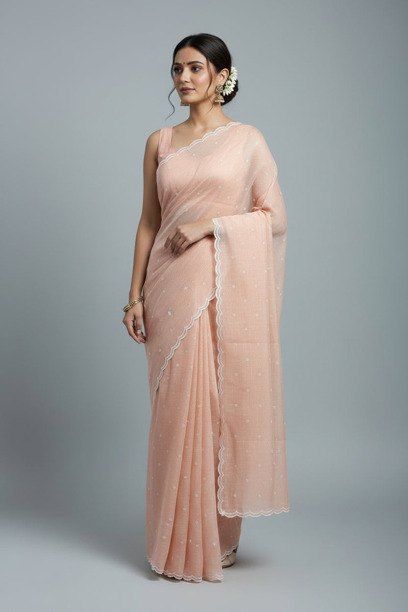 Soft Kota embroidery saree - Pastel Peach