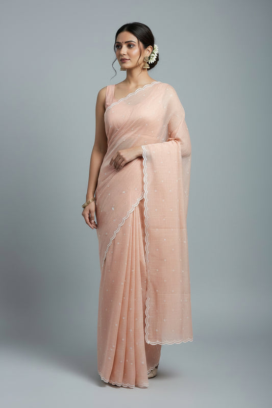 Soft Kota embroidery saree - Pastel Peach