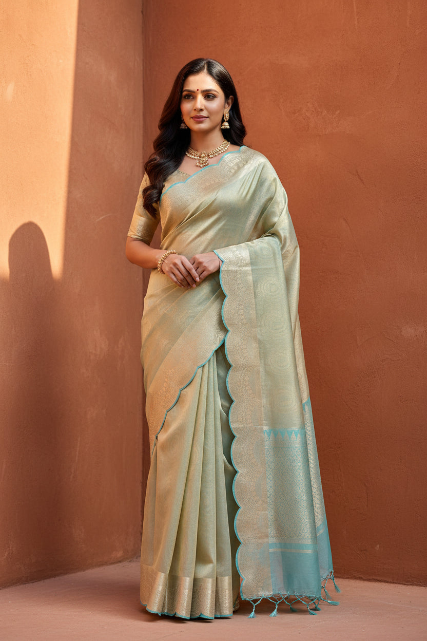 Glam tissue saree with Scallop - Greenish Blue