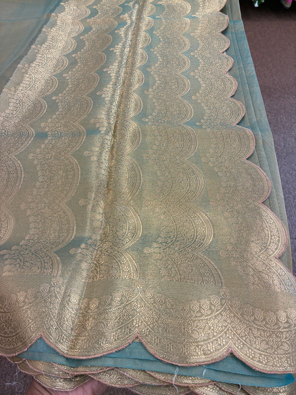 Glam tissue saree with Scallop - Greenish Blue