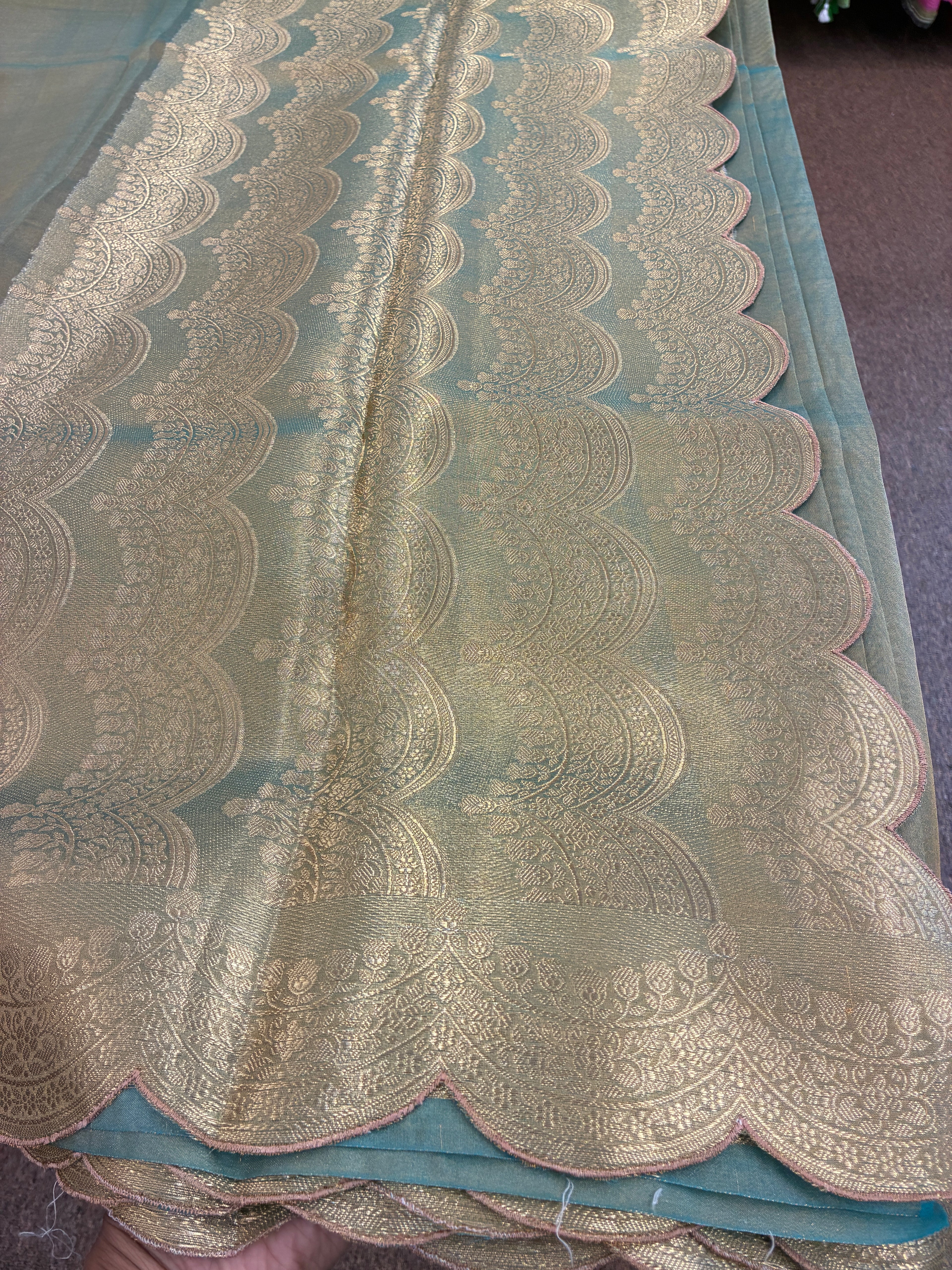 Glam tissue saree with Scallop - Greenish Blue