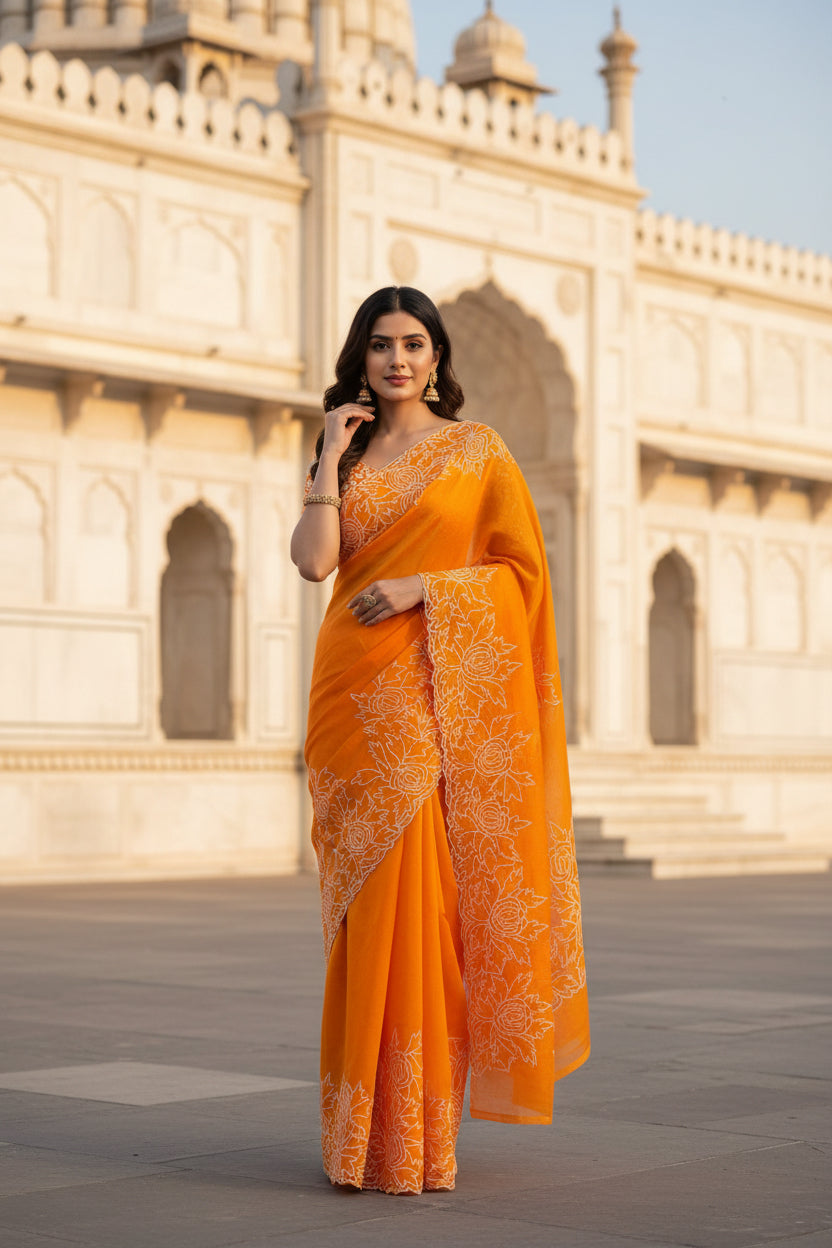 Orange cut work and embroidery floral Saree - Orange