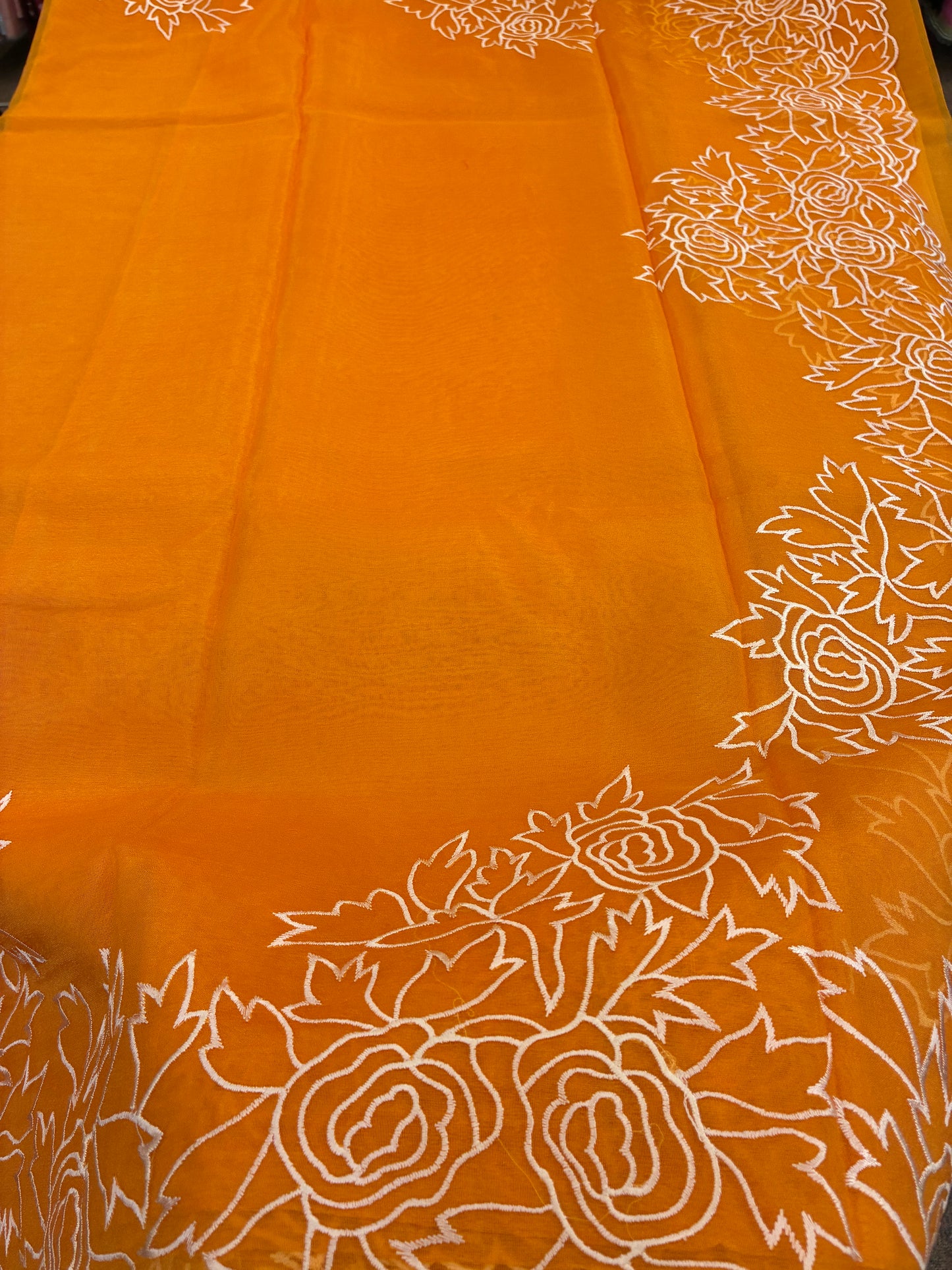 Orange cut work and embroidery floral Saree - Orange