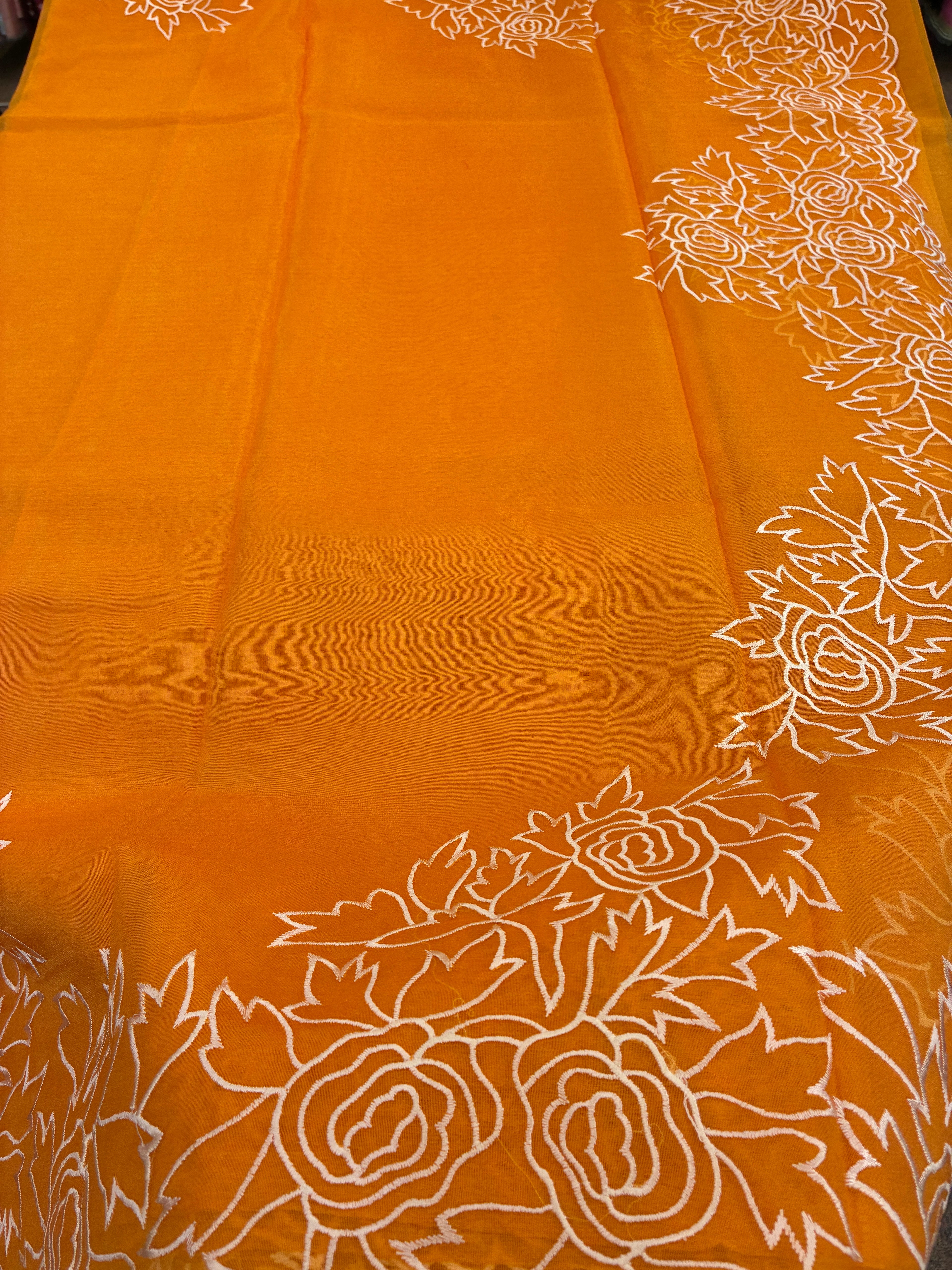 Orange cut work and embroidery floral Saree - Orange