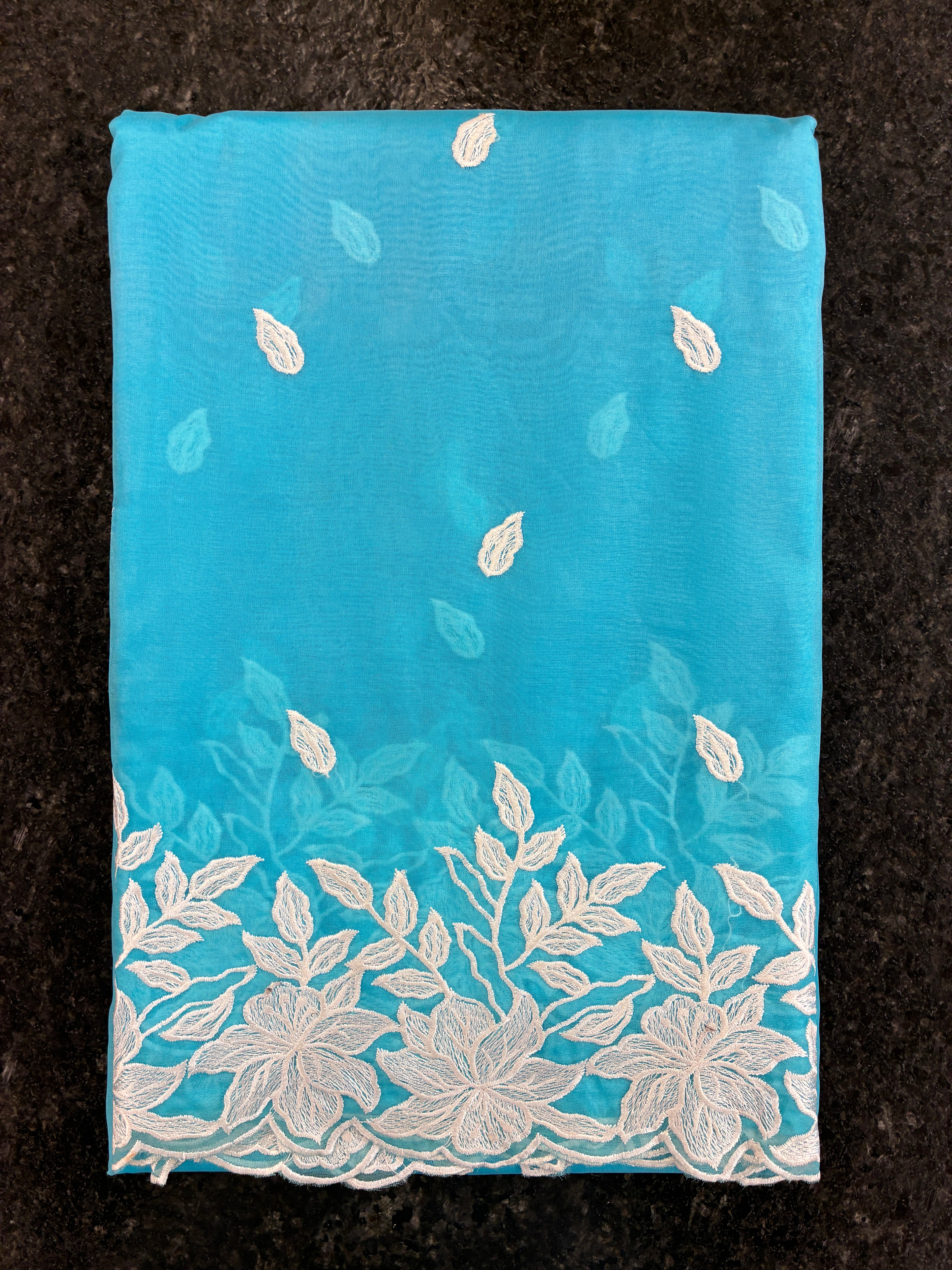 Blue Rose organza saree with cut work - Blue and White