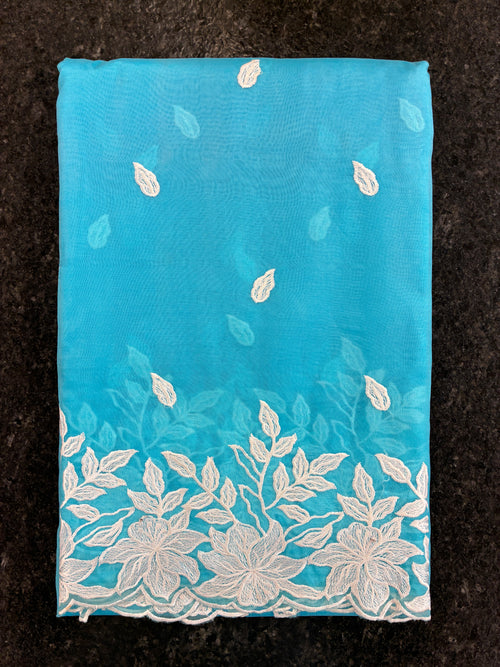 Blue Rose organza saree with cut work - Blue and White