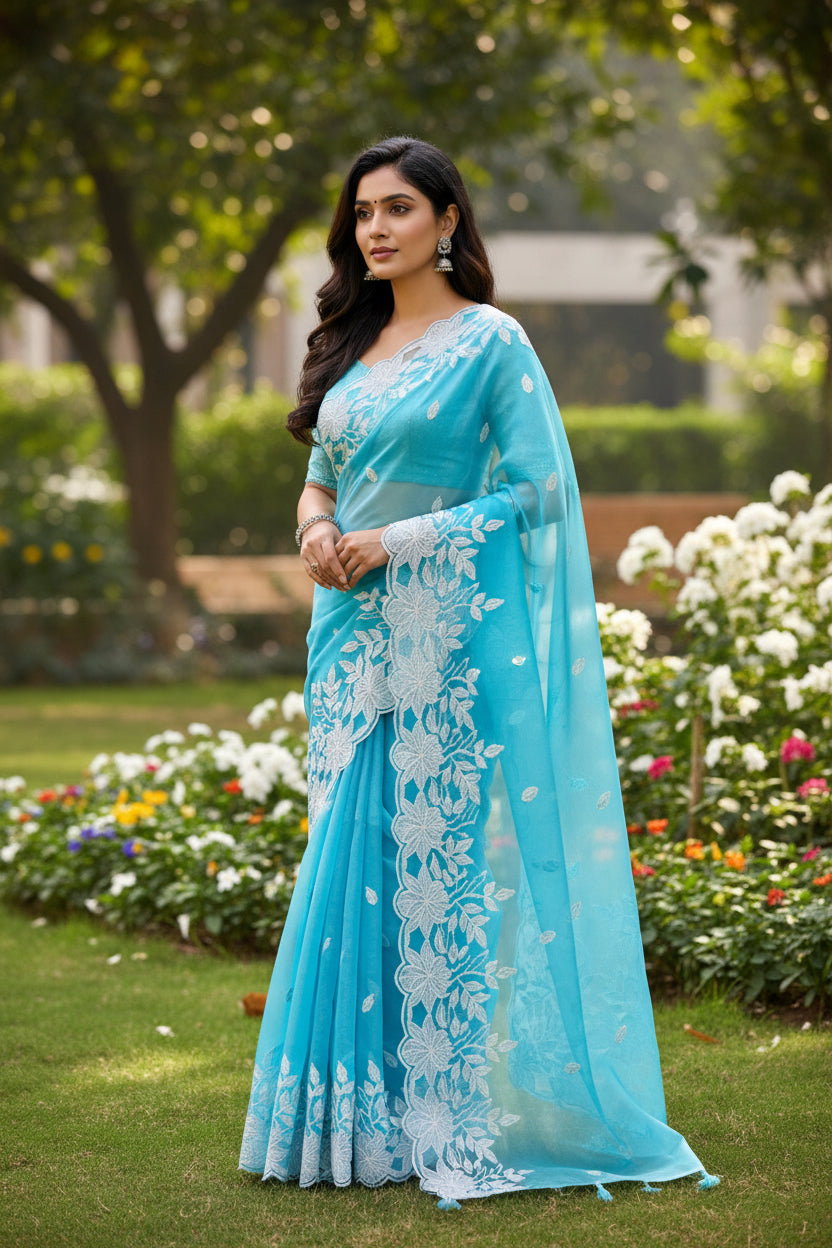 Blue Rose organza saree with cut work - Blue and White