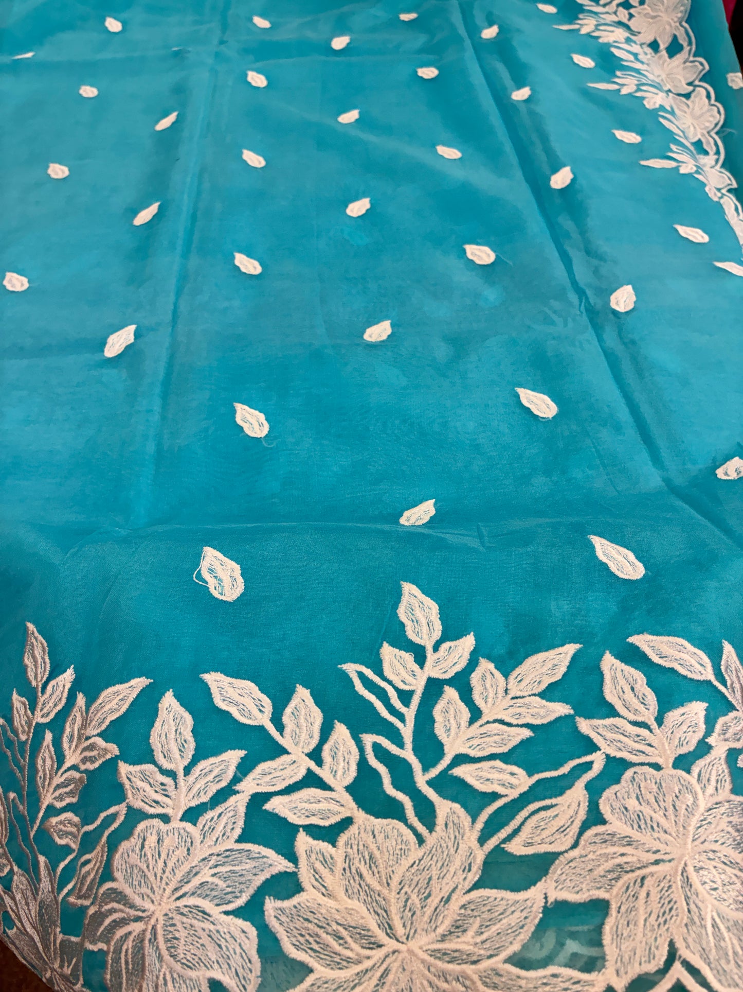 Blue Rose organza saree with cut work - Blue and White