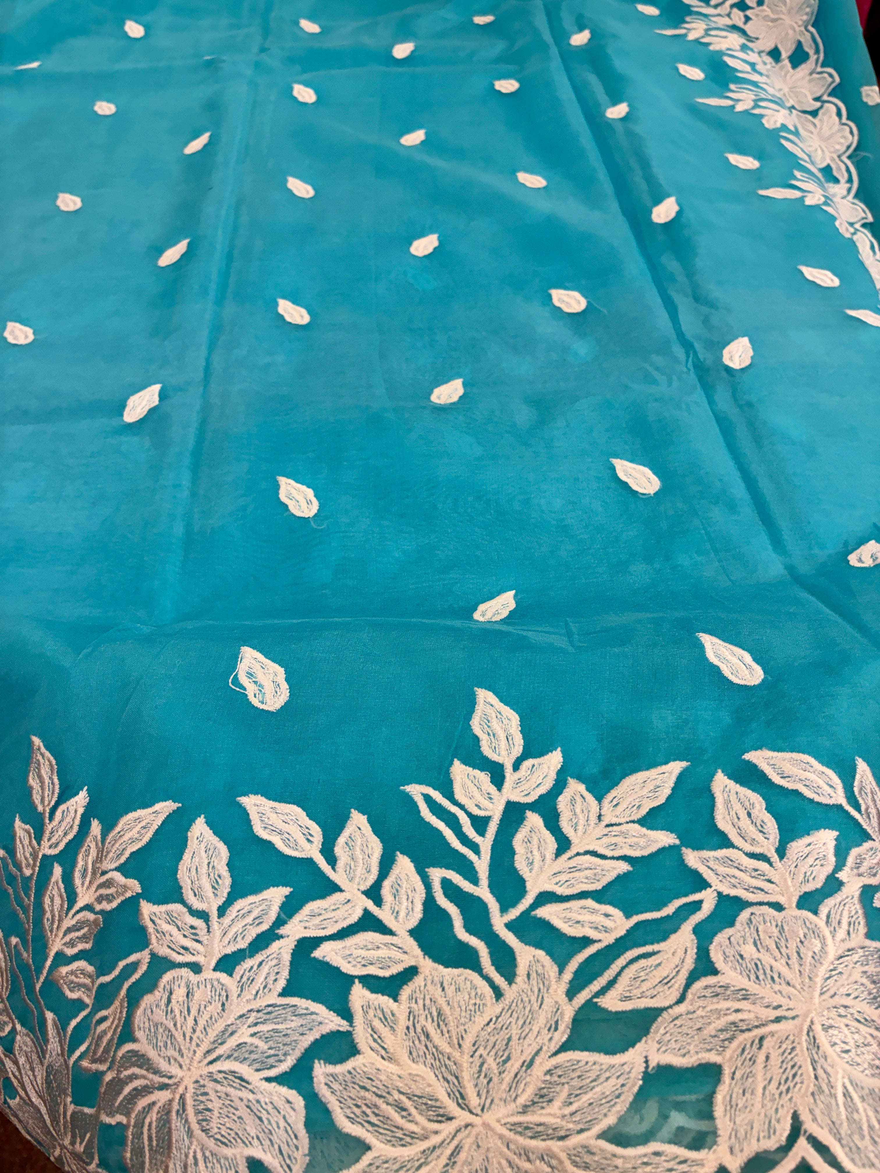 Blue Rose organza saree with cut work - Blue and White