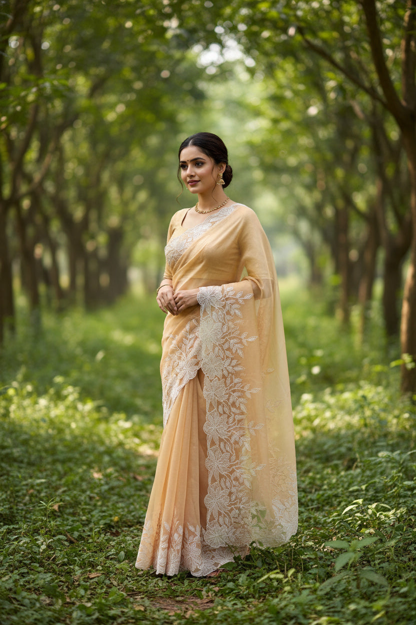 Beige Rose organza saree with cut work - Beige
