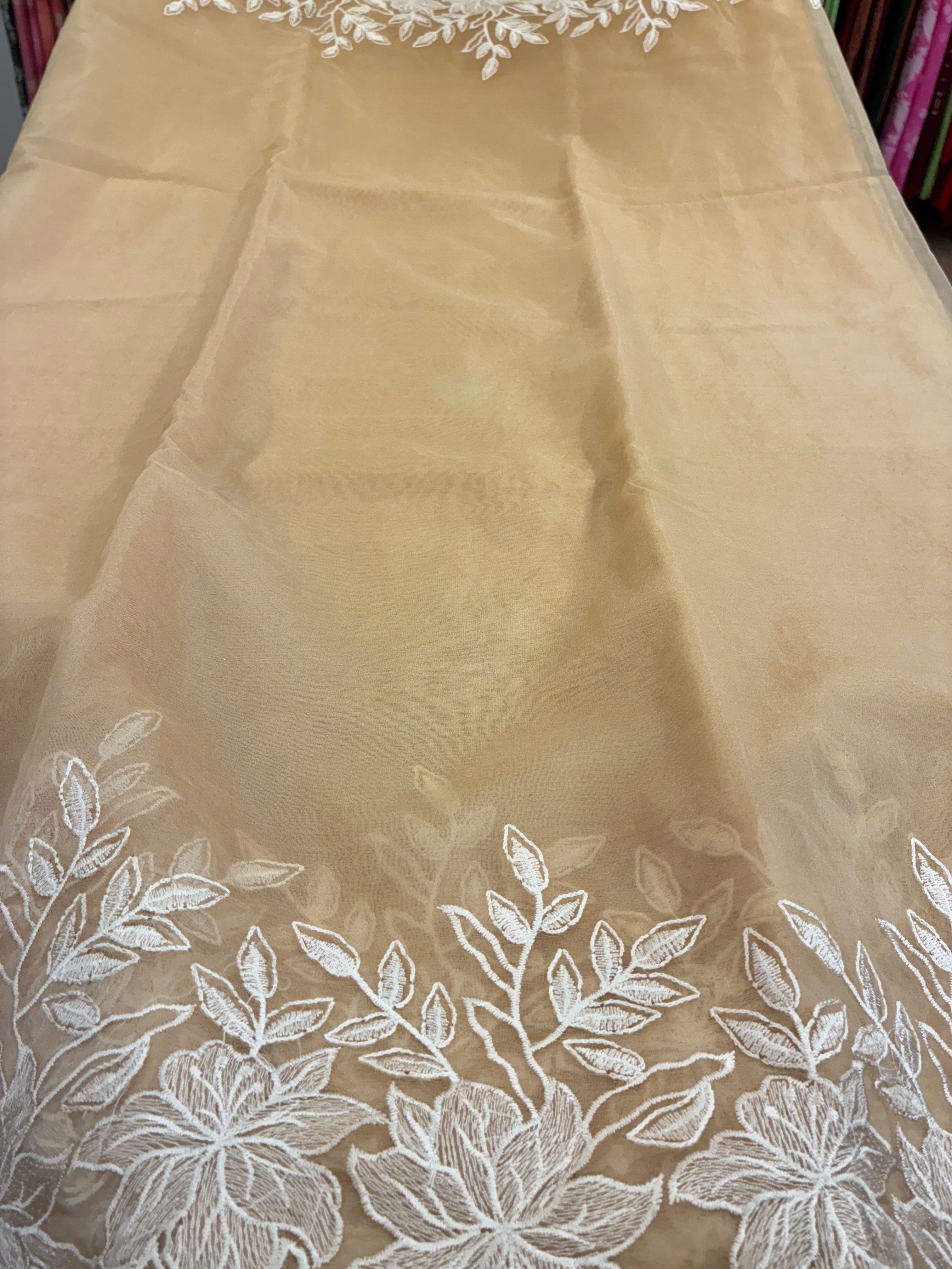 Beige Rose organza saree with cut work - Beige