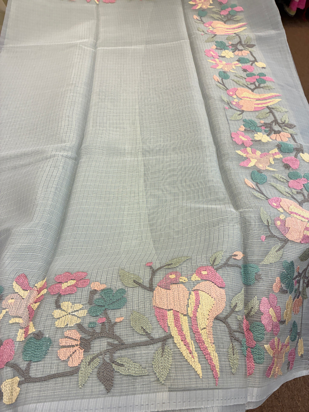 Soft Kota fancy with floral embroidery - Light Grey