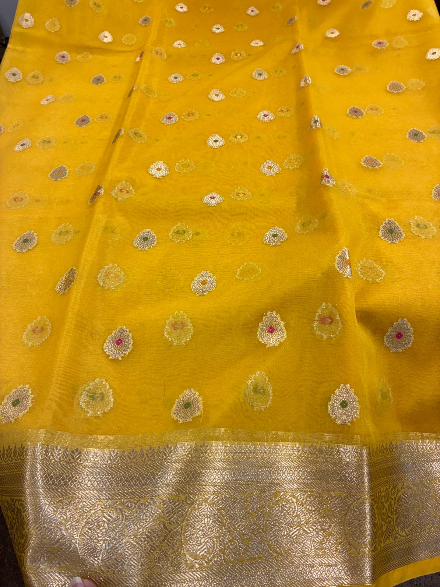 Organza Meena butta saree - Yellow