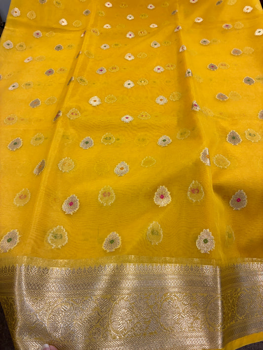 Organza Meena butta saree - Yellow