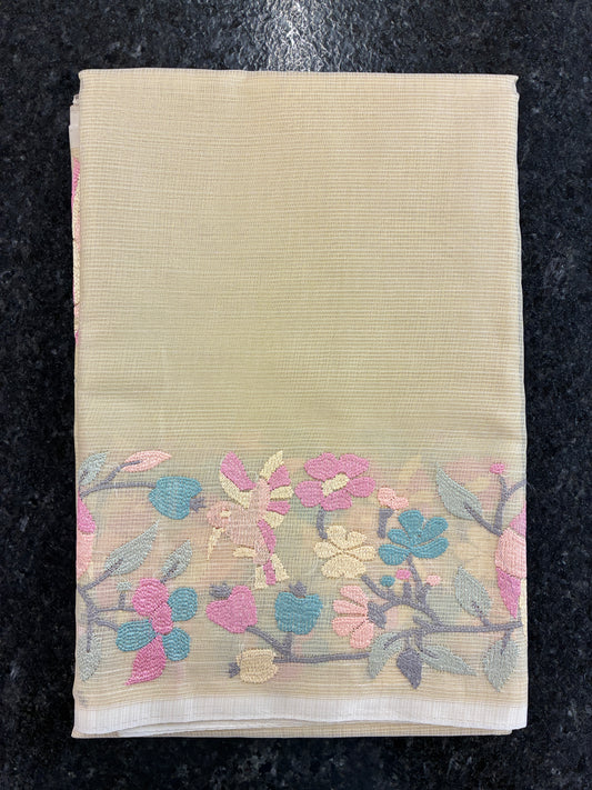 Soft Kota fancy with floral embroidery - Light Yellow