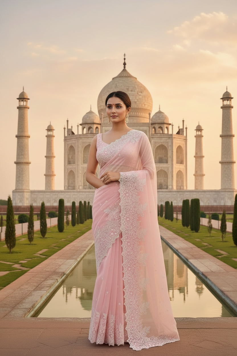 Cut work and embroidery floral Saree - Baby Pink