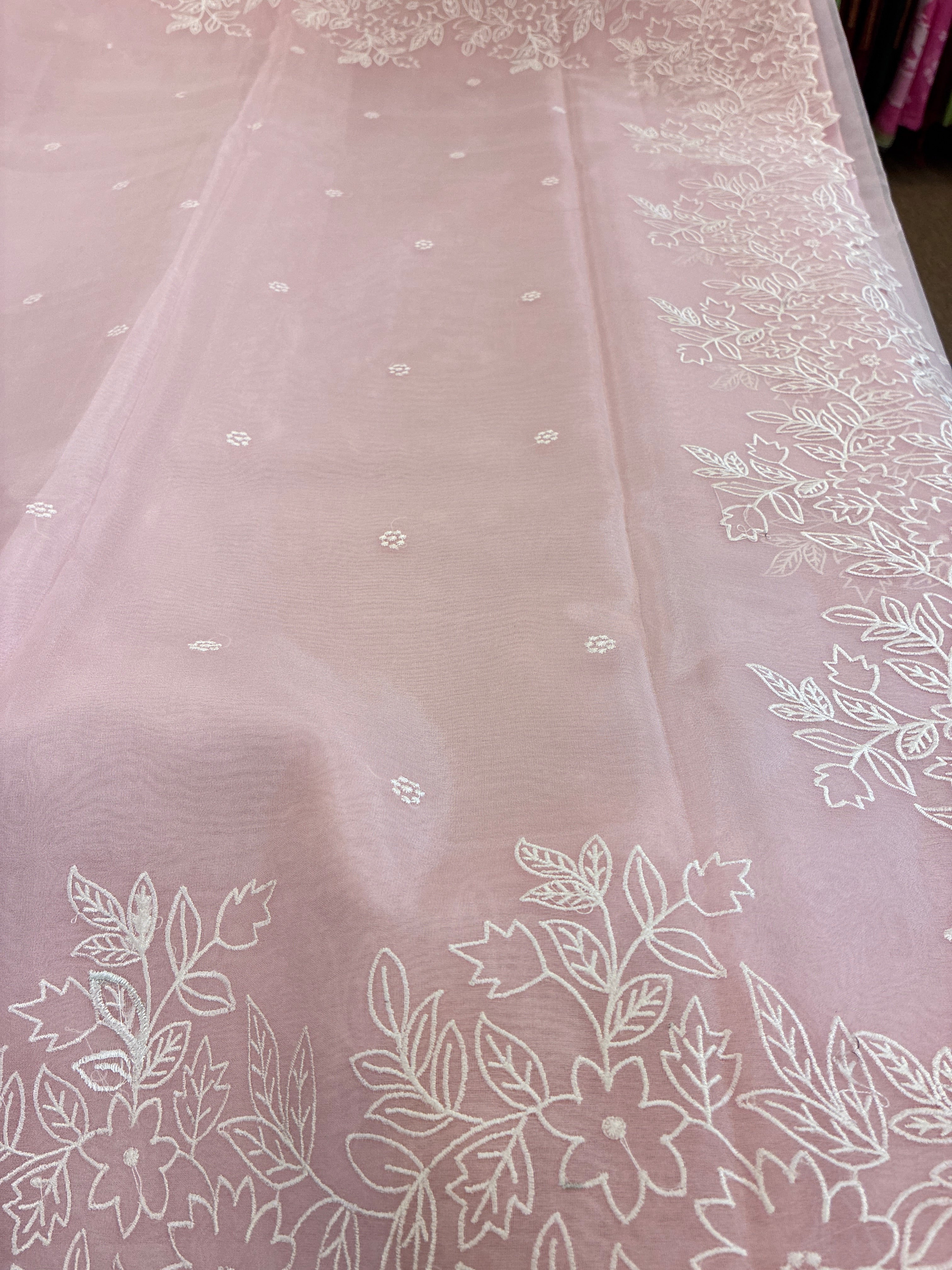 Cut work and embroidery floral Saree - Baby Pink