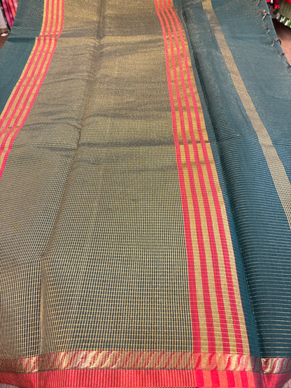 Cotton silk saree - Bottle green and Red