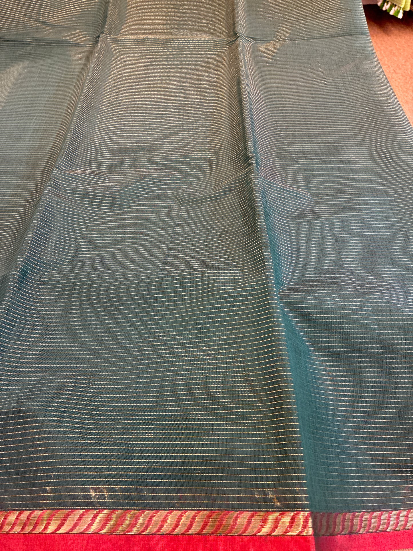 Cotton silk saree - Bottle green and Red