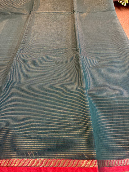 Cotton silk saree - Bottle green and Red