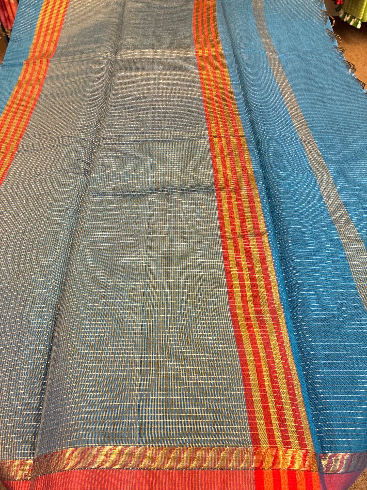 Cotton silk saree - Blue and Red
