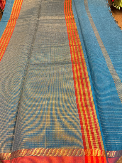 Cotton silk saree - Blue and Red