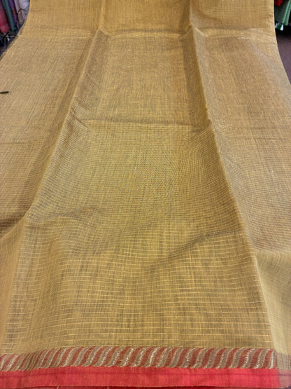 Cotton silk saree - Mustard Yellow and Red