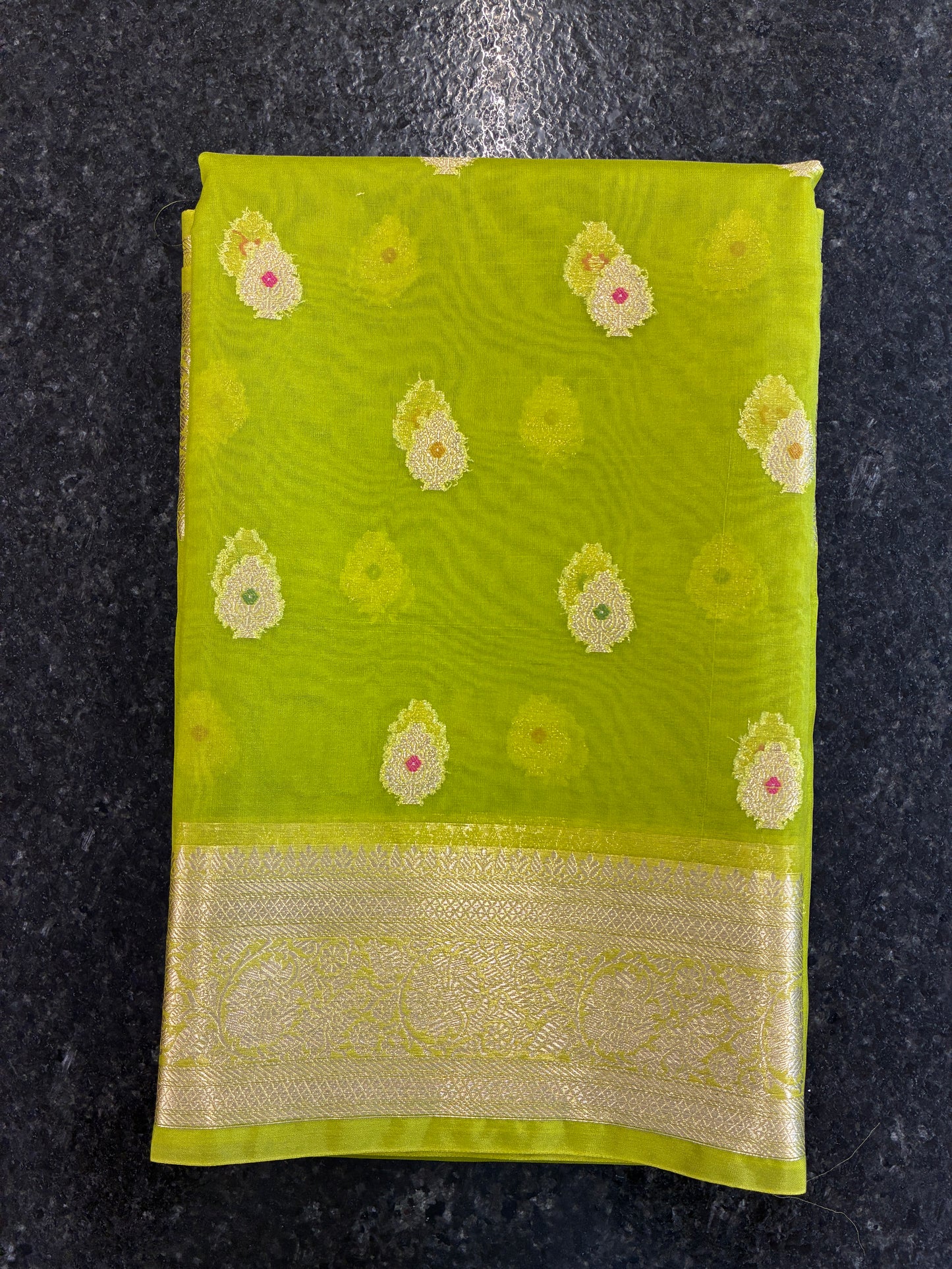 Organza Meena butta saree - Neon Green