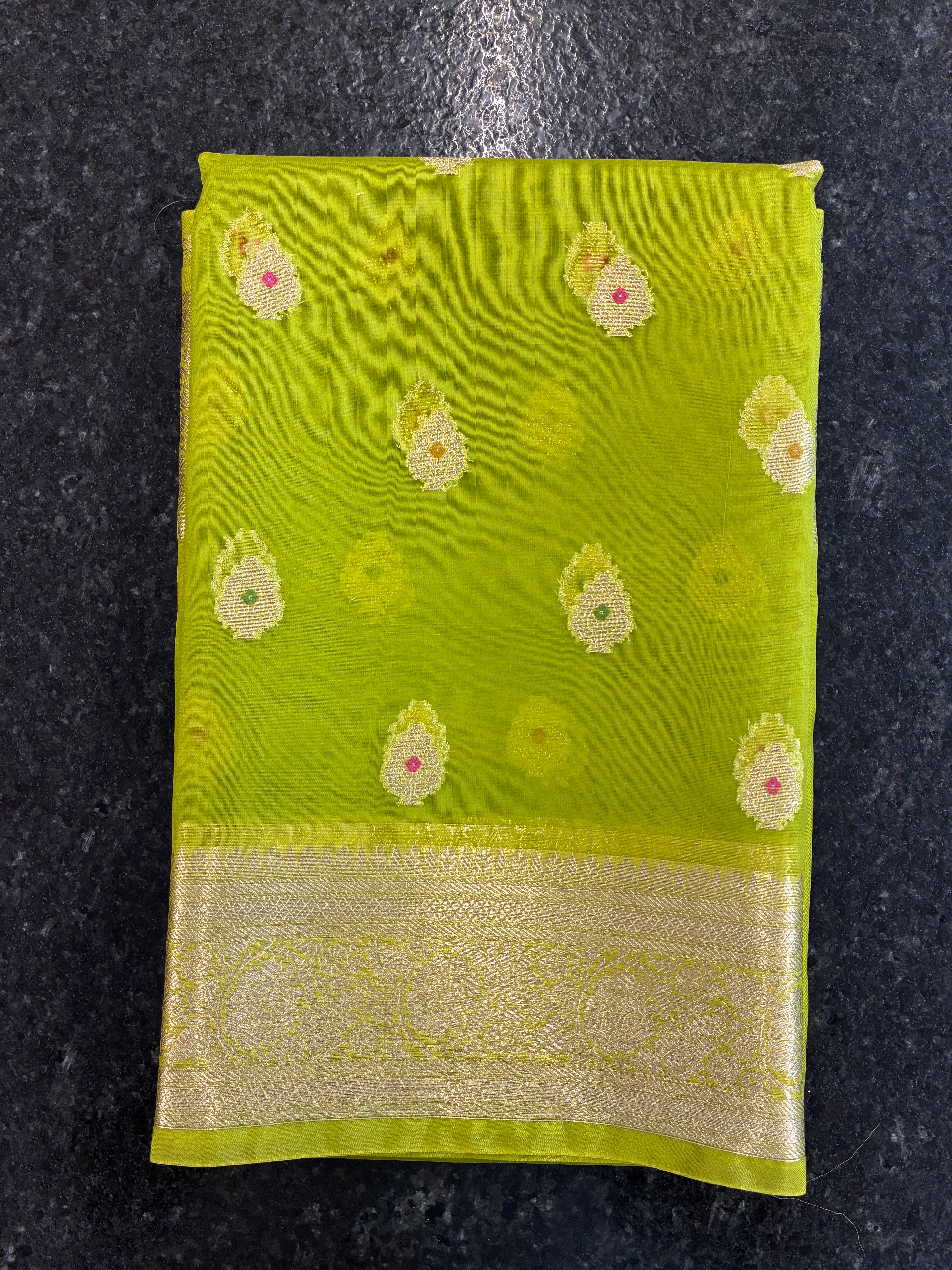 Organza Meena butta saree - Neon Green