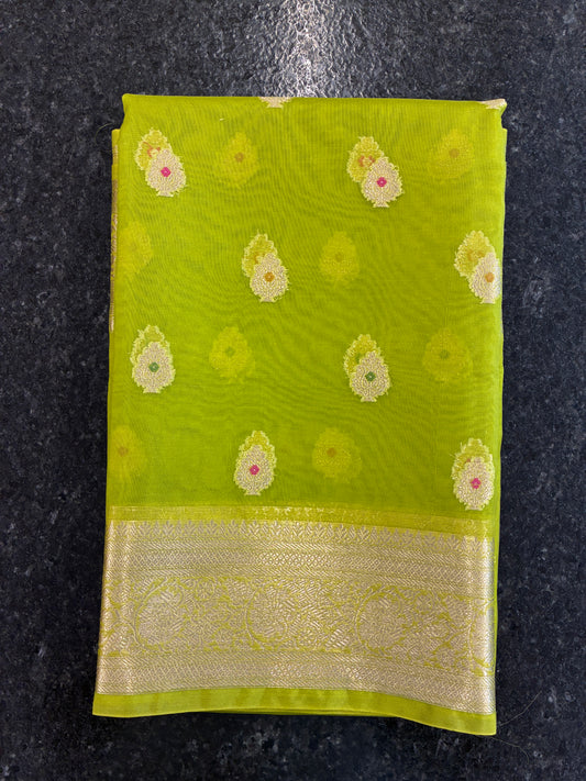 Organza Meena butta saree - Neon Green