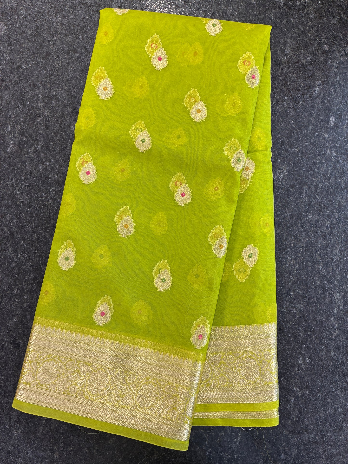Organza Meena butta saree - Neon Green