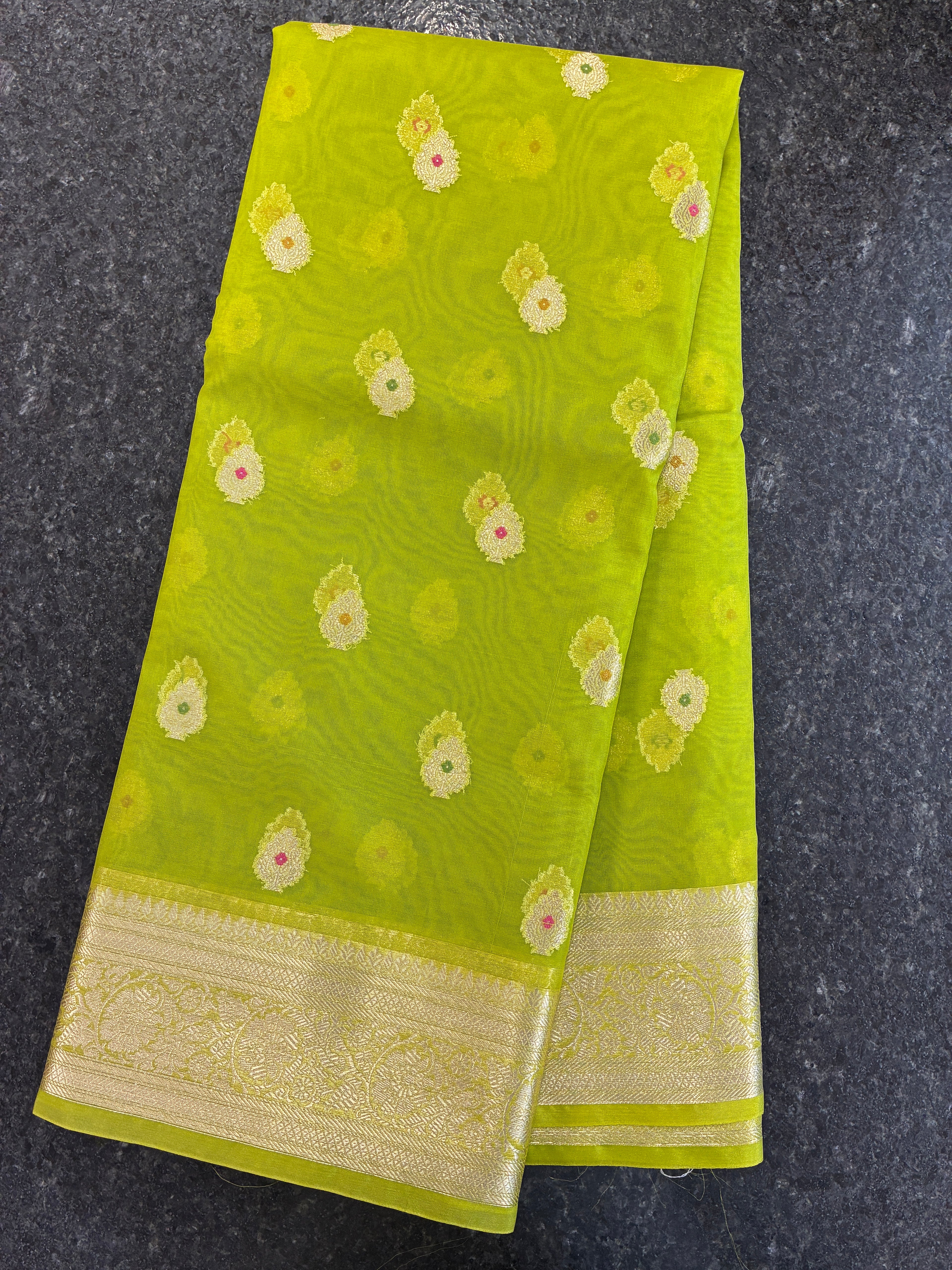 Organza Meena butta saree - Neon Green