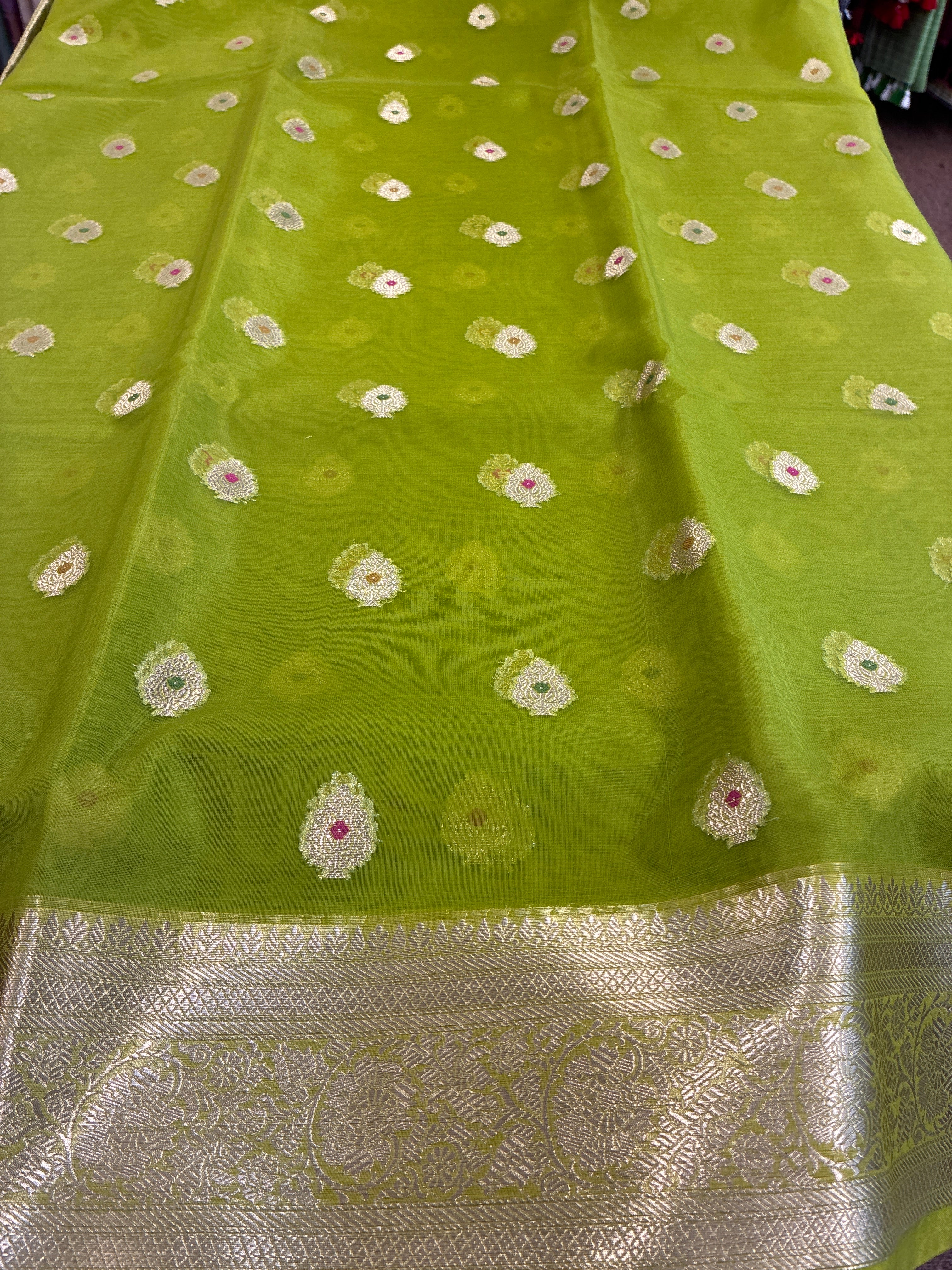 Organza Meena butta saree - Neon Green