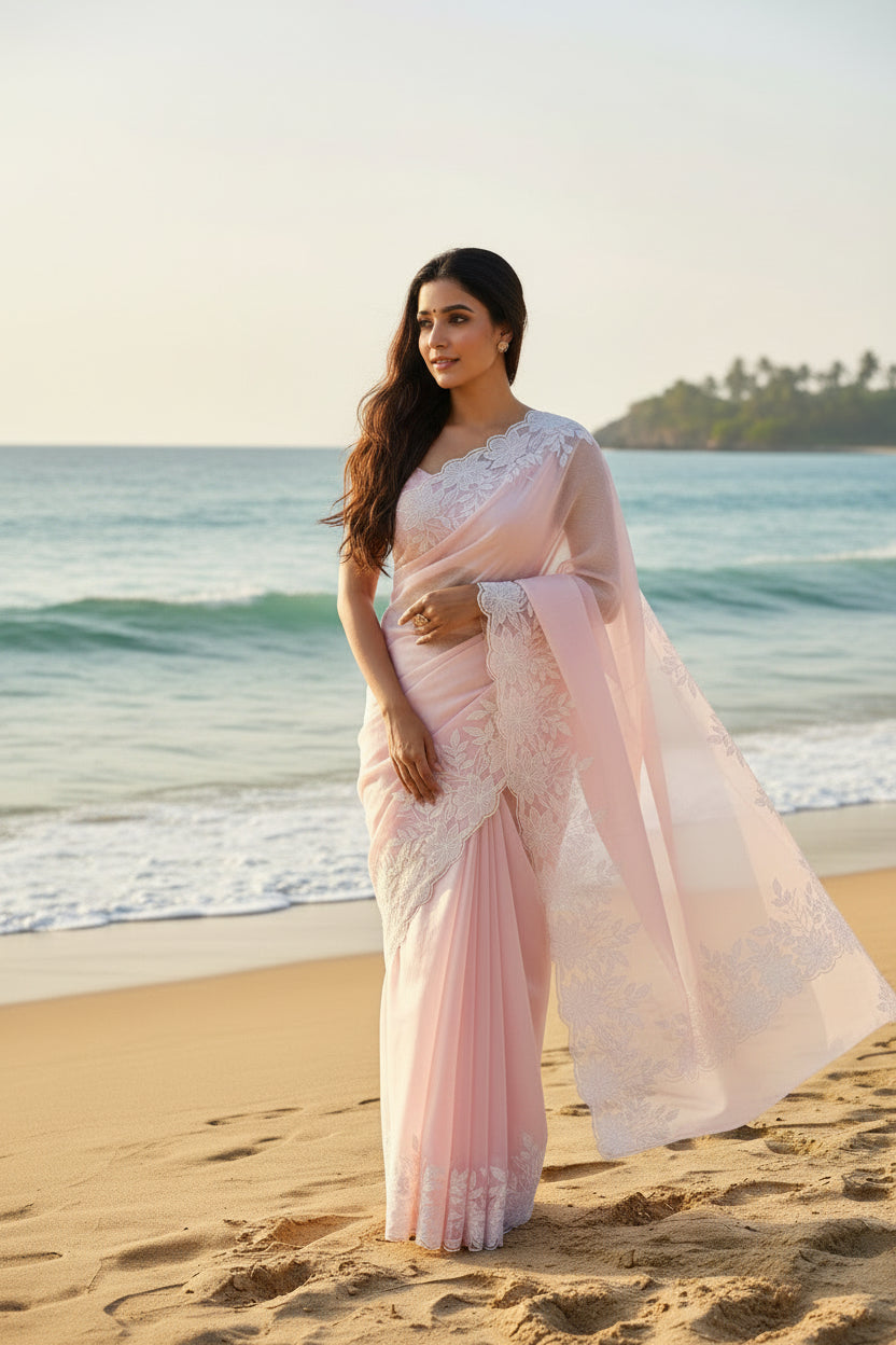 Baby Pink Rose organza saree with cut work - Baby Pink