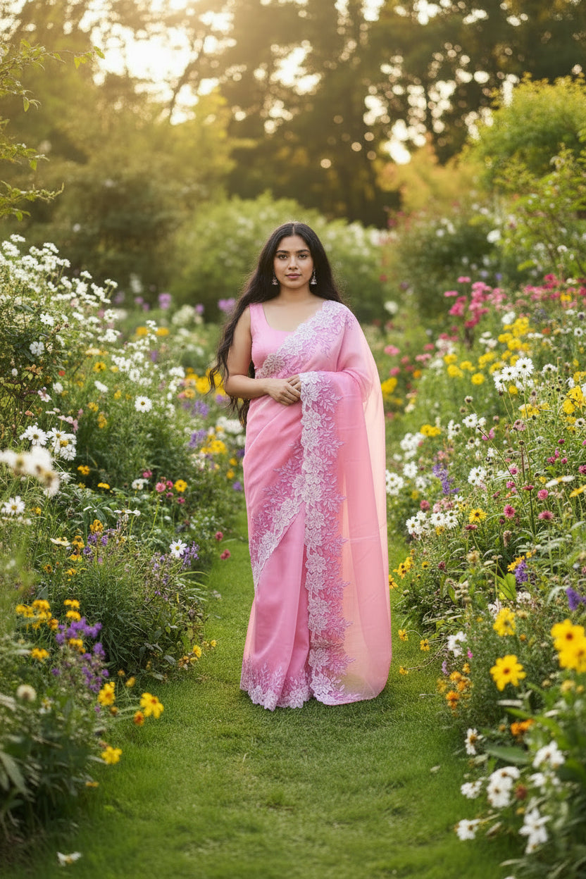 Pink Rose Floral - Organza saree in with embroidery and cut work