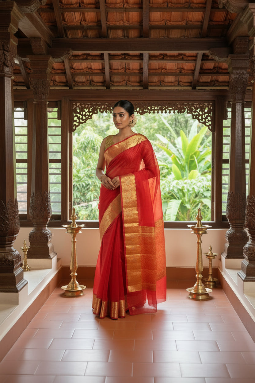 Pure Organza Silk Saree - Classic Banarasi Weaving in Orange