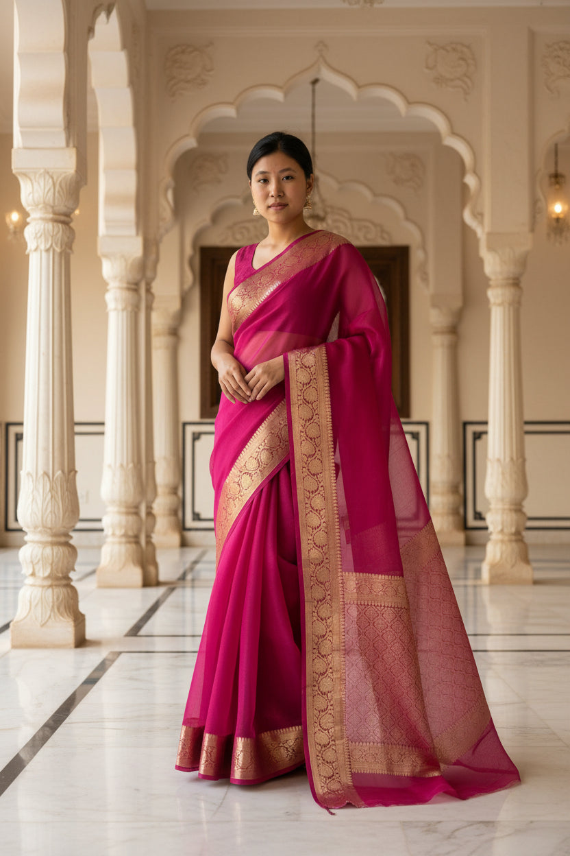 Pure Organza Silk Saree - Classic Banarasi Weaving in Rani Pink