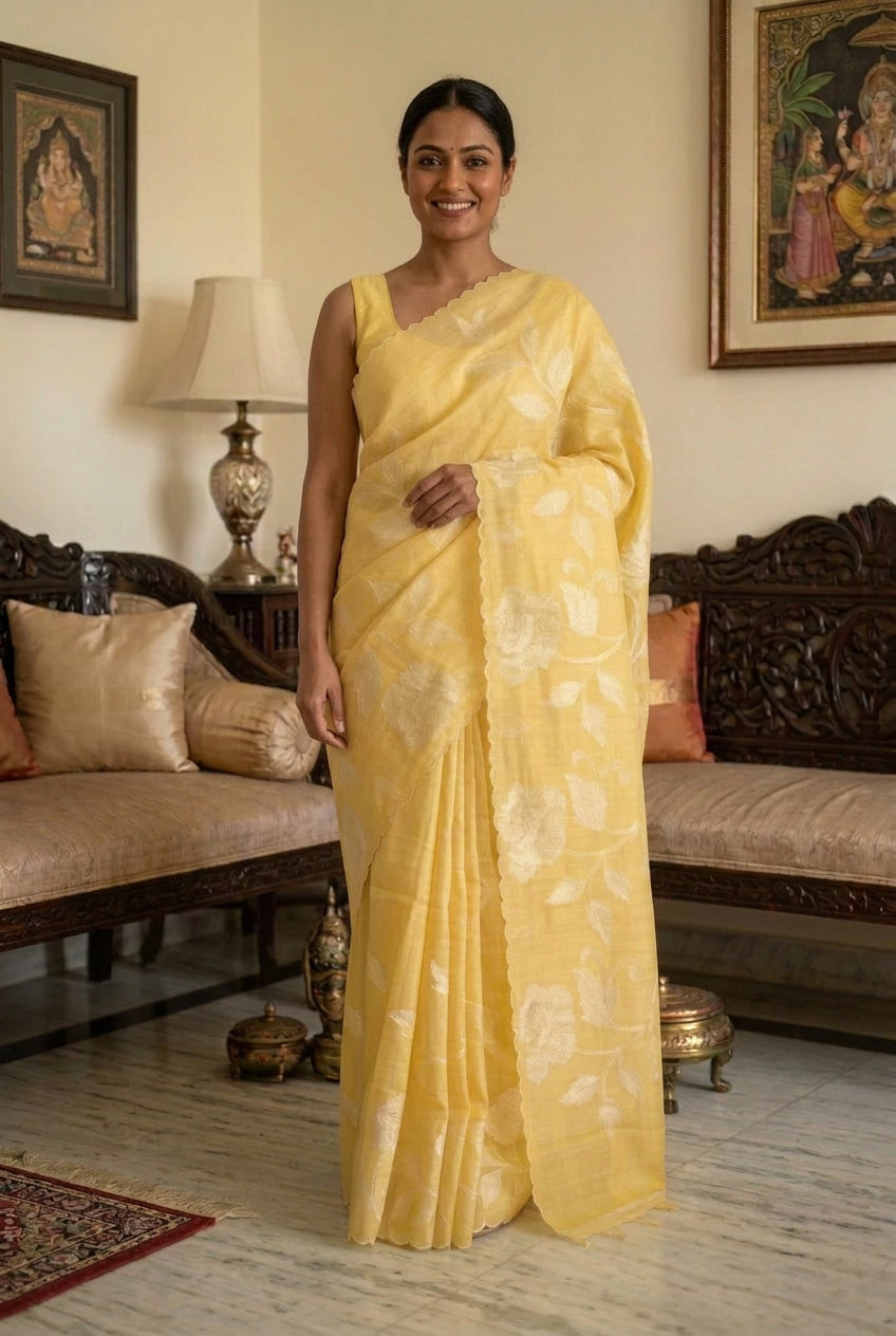 Soft Kota embroidery saree - Yellow