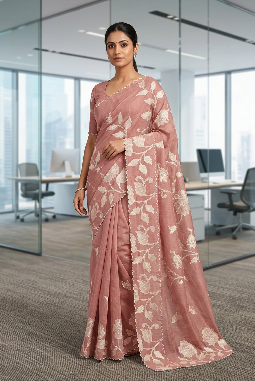 Soft Kota embroidery saree - Rust