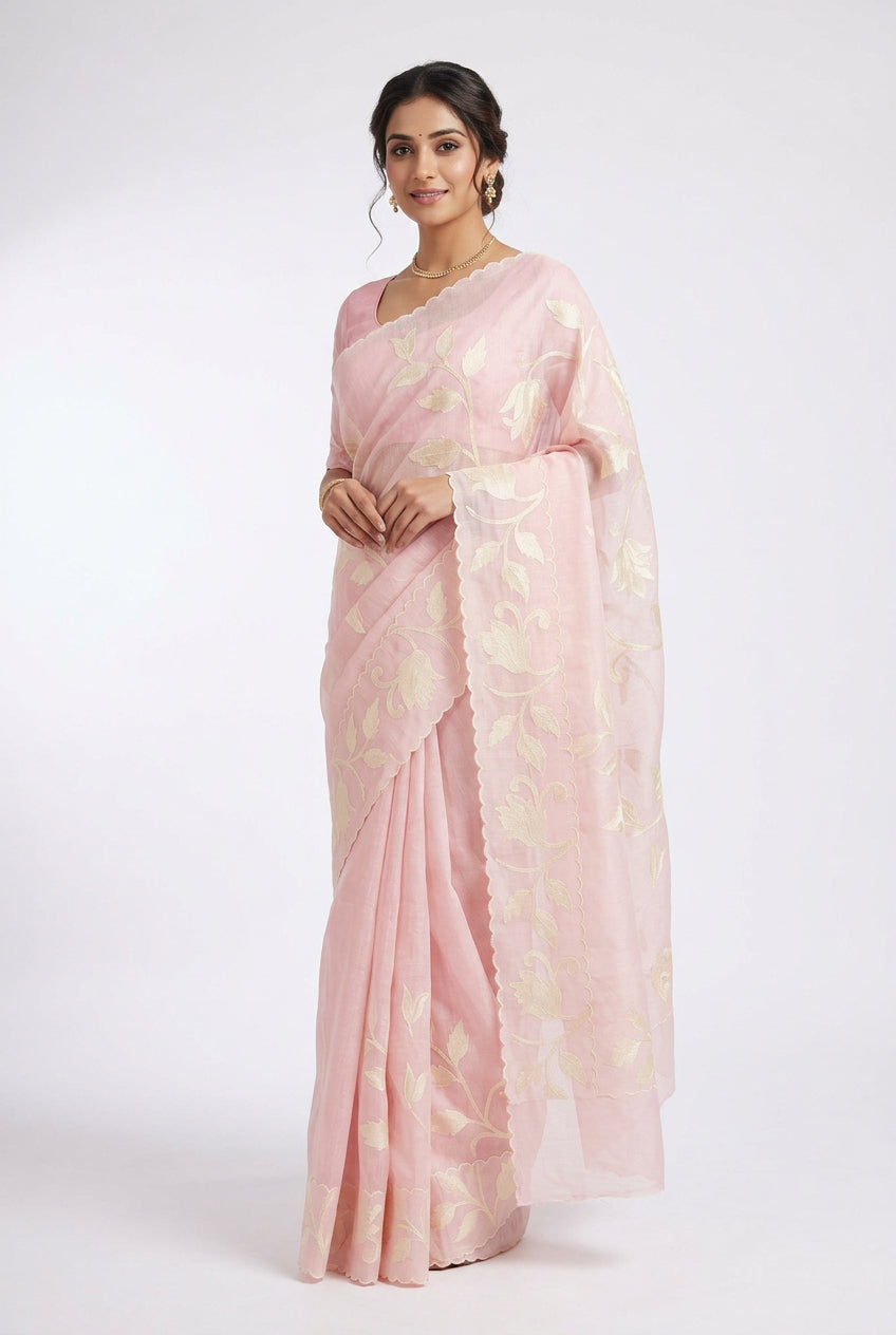 Soft Kota embroidery saree - Peachish Pink
